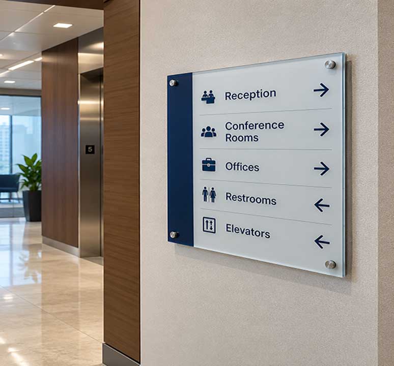 Modern wall-mounted directional wayfinding sign guiding visitors to reception, conference rooms, offices, restrooms and elevators