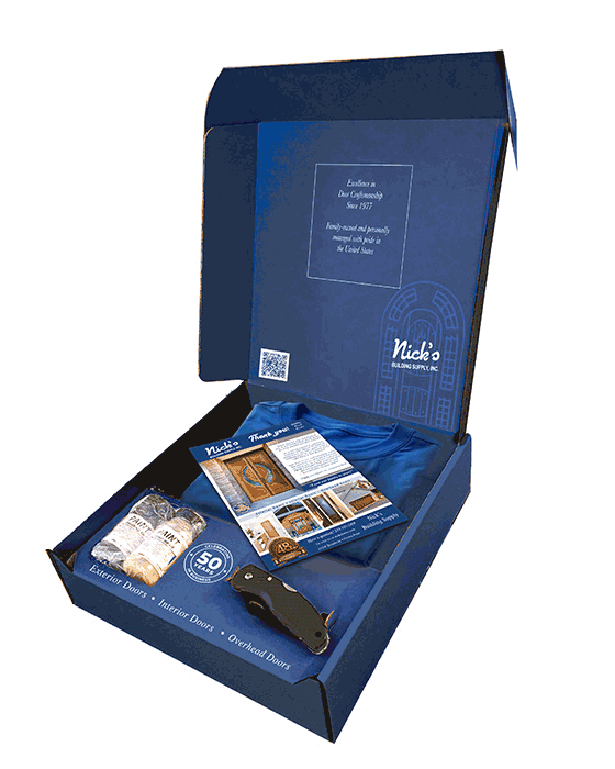 Concept overview of Nick’s branded package with box, T-shirt and printed information